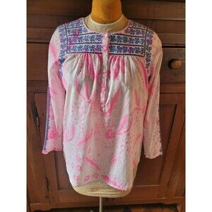 J Crew Bright Pink Floral Print Blue Embroidered Popover Blouse Top Size 8